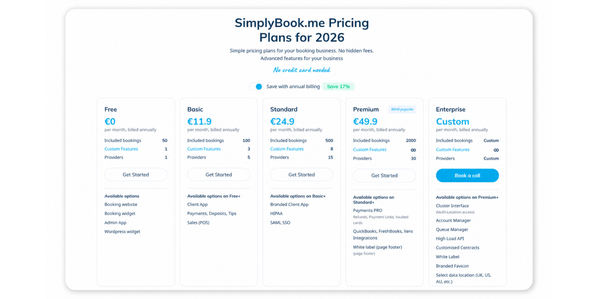 screenshot of simplybook.me pricing